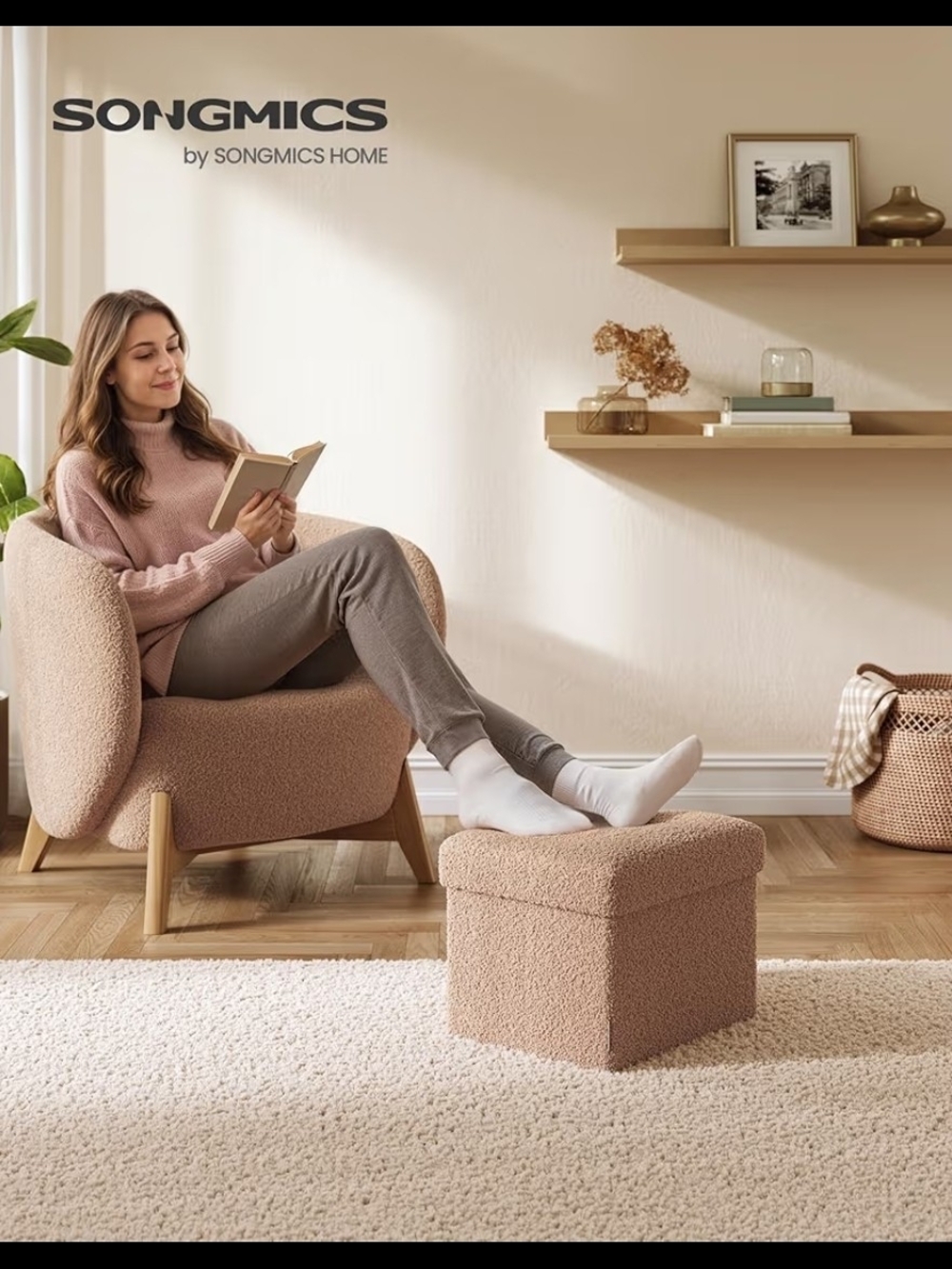 Plush Bouclé Storage Ottoman with Lid - Blush Pink - Picture 2 of 8